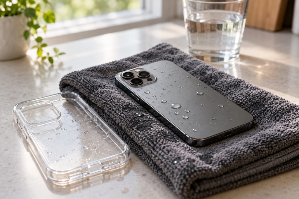 Wet iPhone lying face down on a grey towel next to its clear case