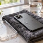 Wet iPhone lying face down on a grey towel next to its clear case