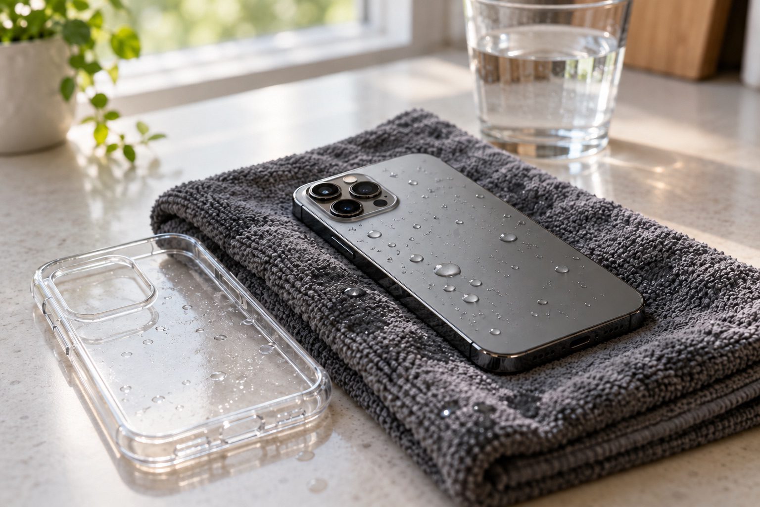 Wet iPhone lying face down on a grey towel next to its clear case
